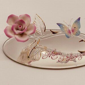 Wonderful Mom Butterfly on Pink Rose Glass Figurine Mother’s Day Decor